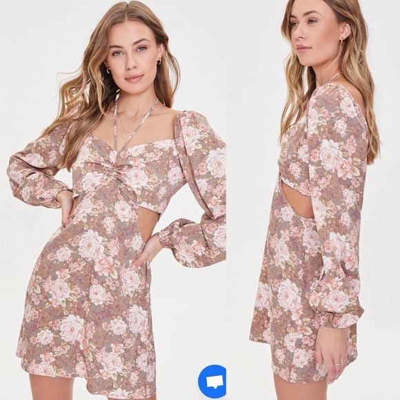 Forever 21 Brown Floral Cut Out Puff Long Sleeve Tie Neck Mini Dress - Picture 3 of 15